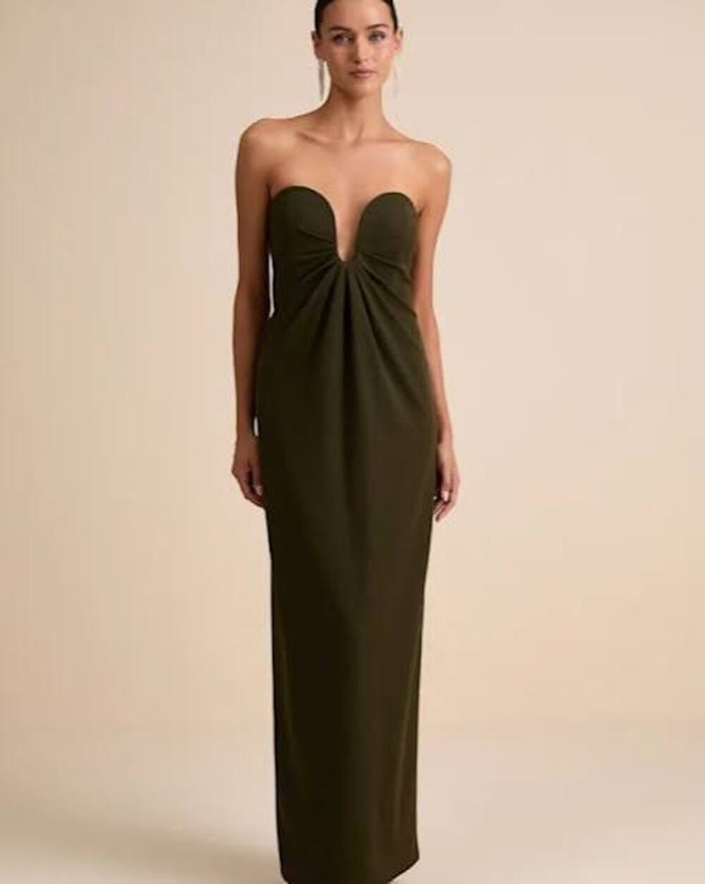 LULU'S Thula Dark Olive Cutout U-Bar Column Maxi Dress Size Large L Strapless